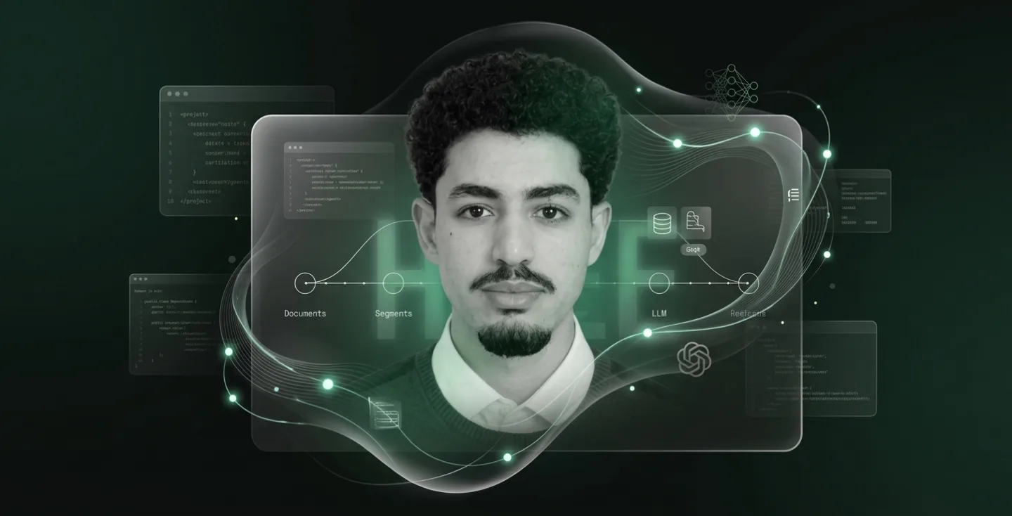 Portrait de Hamza El Rhadiouini, entouré d’un schéma de pipeline RAG et de fenêtres de code